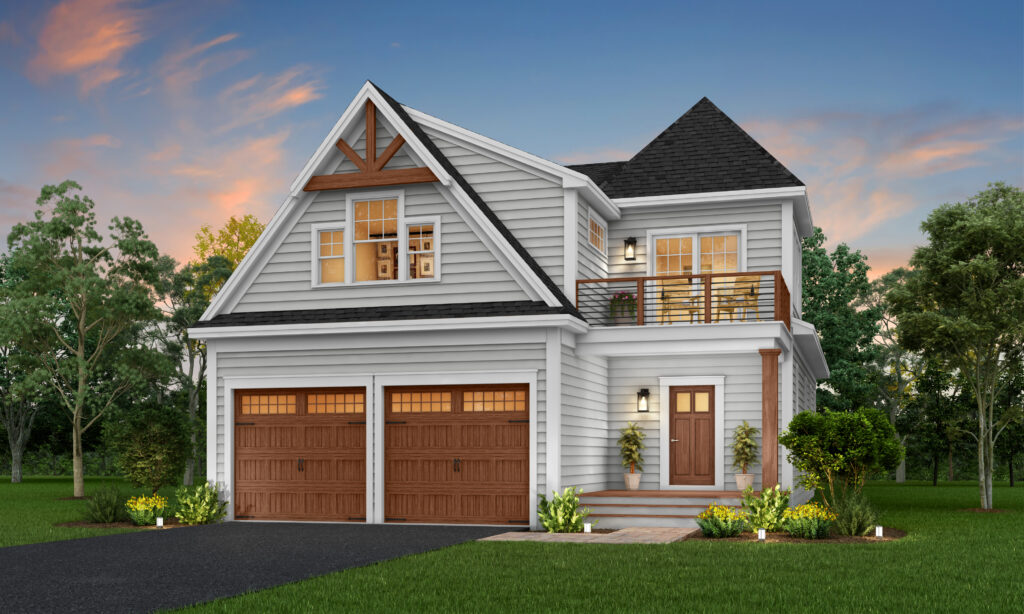 Rendering of the Horizon home with gray siding, a two-car garage and an upper balcony