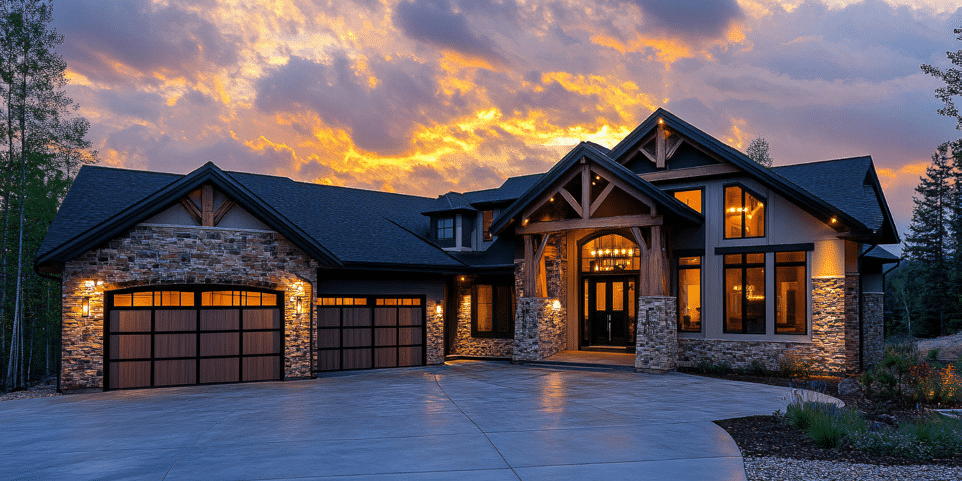 Example custom home with stone, timber and a three-car garage at sunset