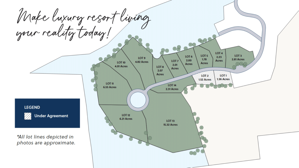 Rising Ridge homesite map showing 14 lots from 1.36 to 15.32 acres, with Lot 2 under agreement