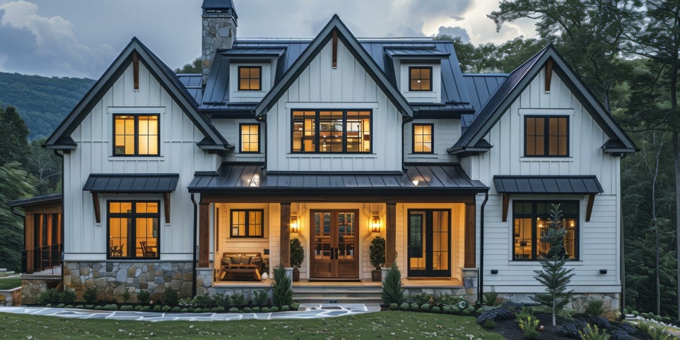 Example custom home with white siding and a covered entry at dusk