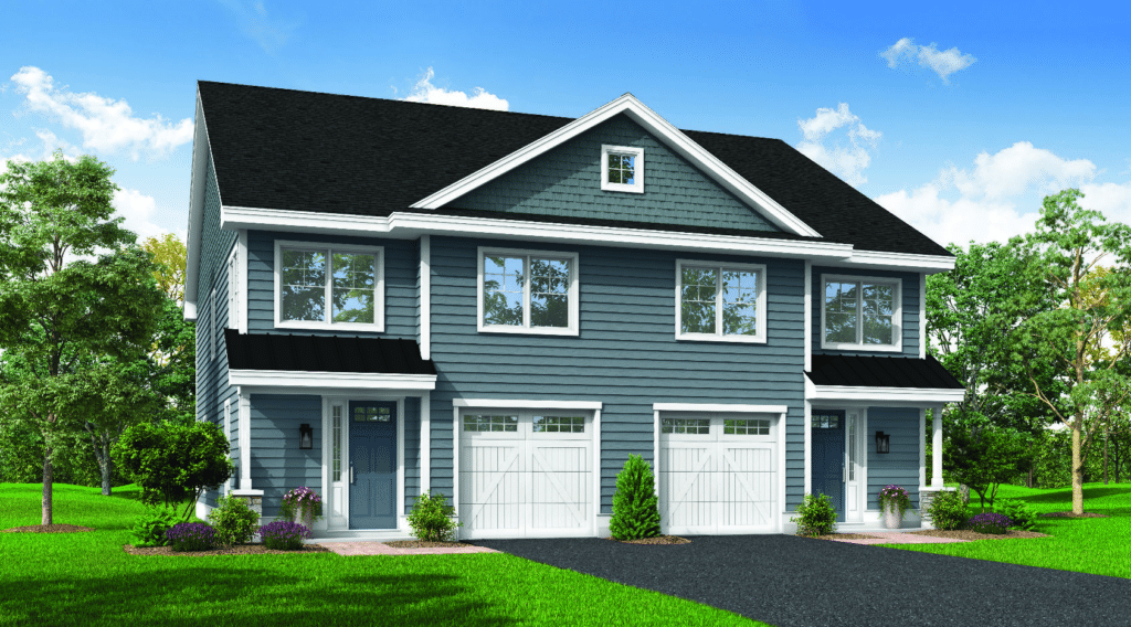 Solstice townhome with blue siding, white trim, and one-car garages